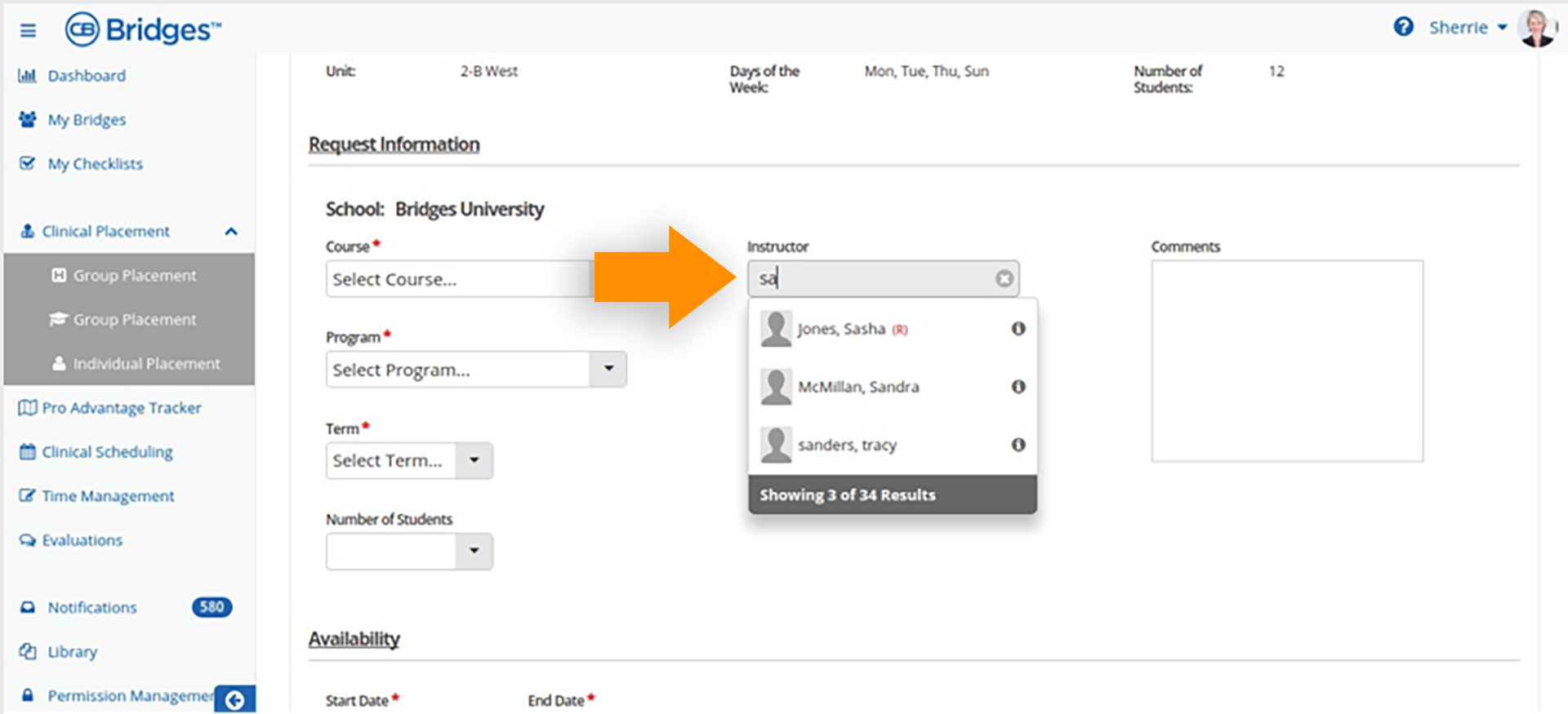 CB Bridges™ Pro Advantage Tracker Select User Updated Instructor Dropdown menu