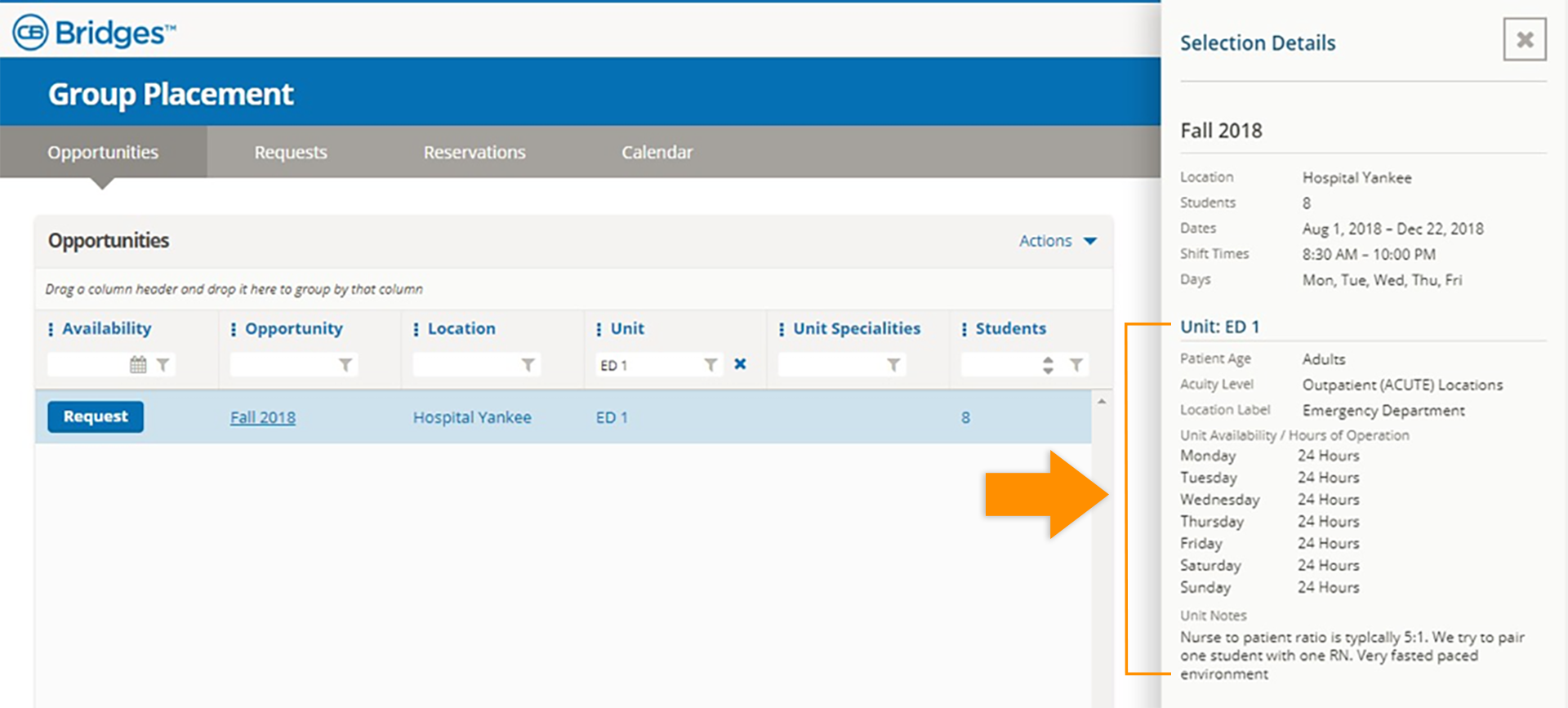 CB Bridges™ Clinical Placement Ability for Schools to view unit profiles—Unit profile detail information for selected placement opportunity