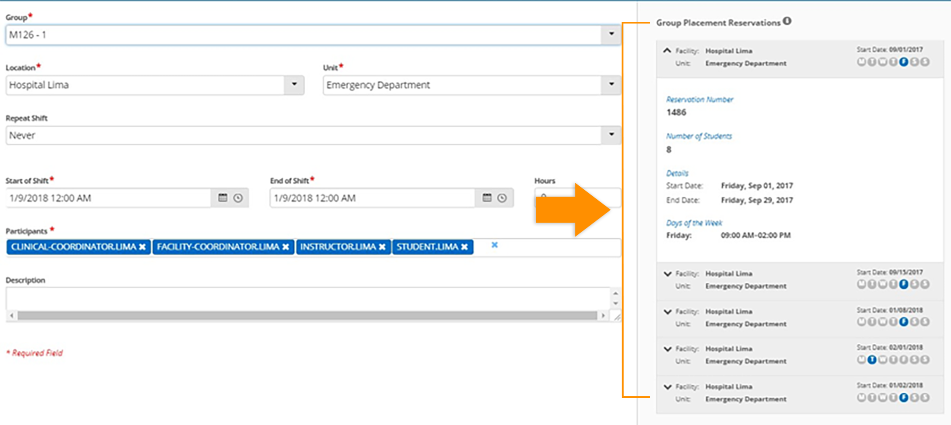 CB Bridges™ Scheduling: Display Accepted School–Led Group Placement Requests When Scheduling a Shift—Step 1: Accepted Requests are visible in side panel of schedule.