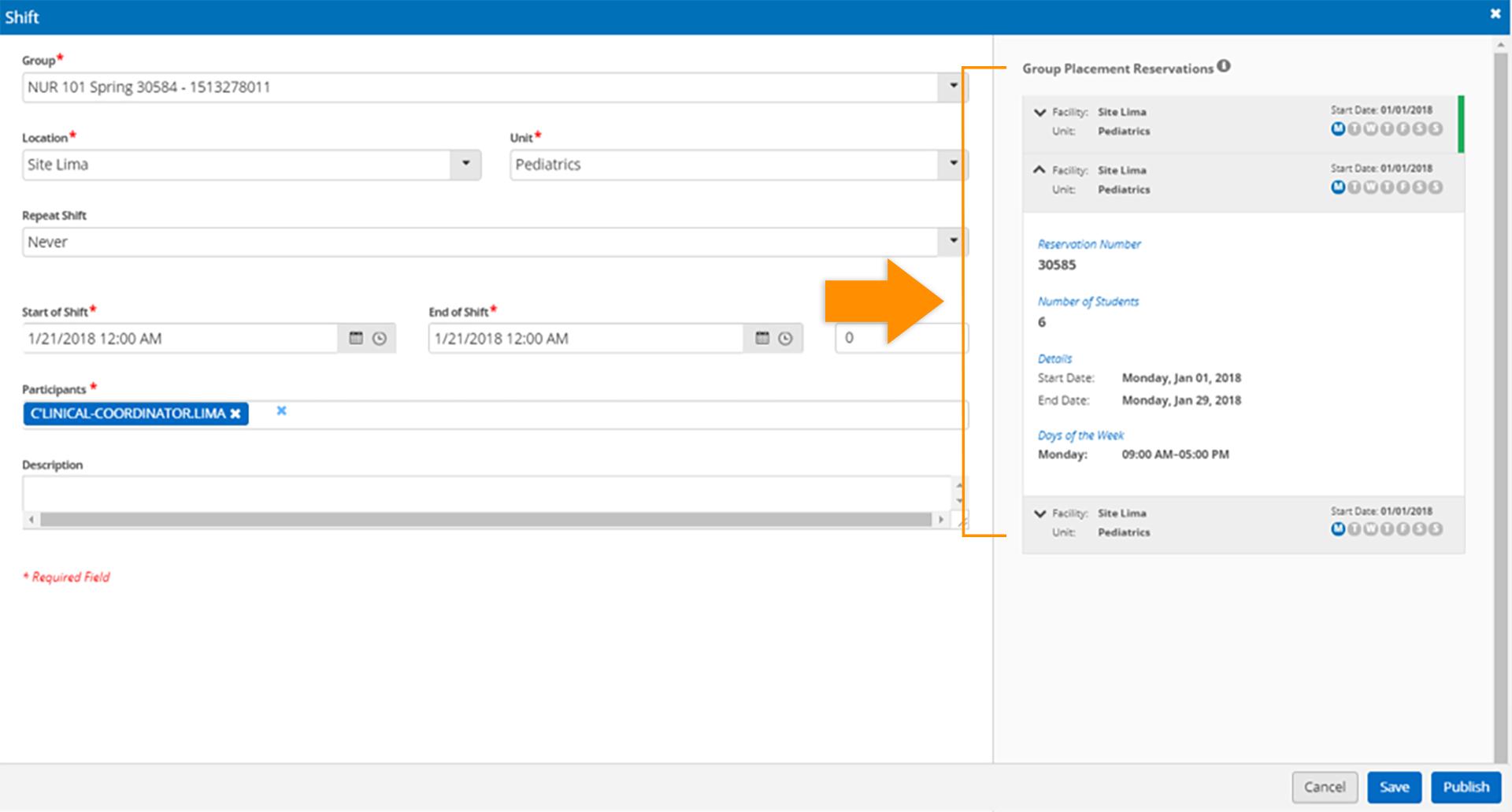 CB Bridges™ Scheduling: Help Users Schedule A Shift Within A Reservation—Step 1: In a selected Group Experience in the scheduling mode, reservations that match assigned locations are displayed in detail on the right side of interface.