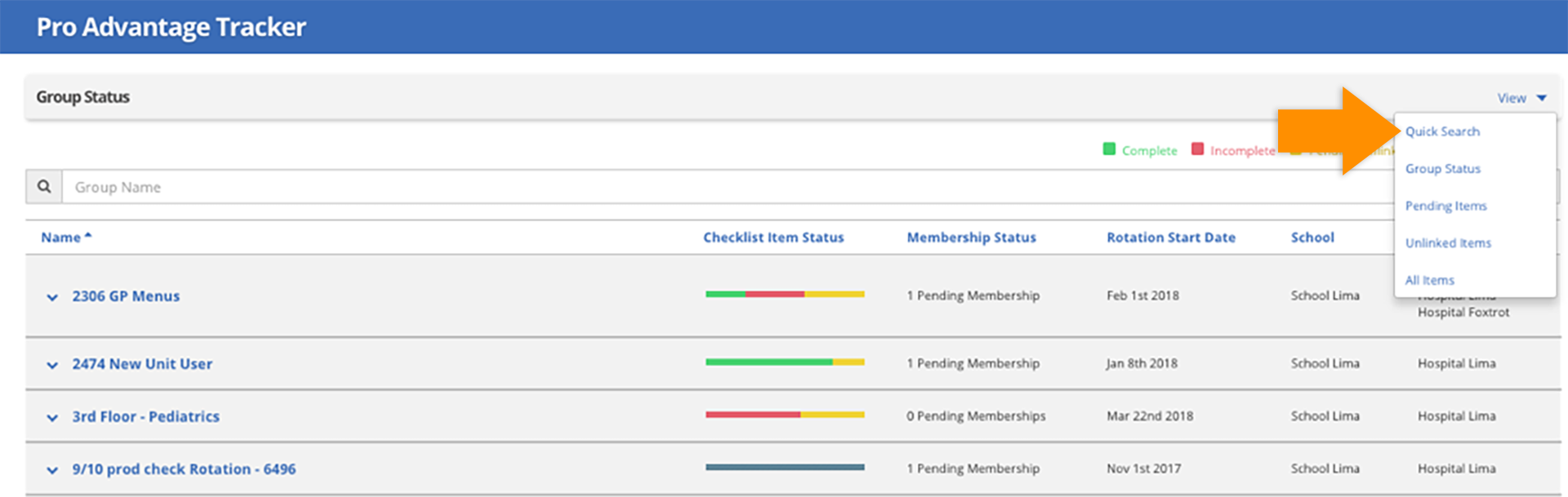 CB Bridges™ Pro Advantage Tracker: Quick Search View—Step 1: Quick Search view can be accessed through the view menu on the top right-hand corner of the Group Status Page.