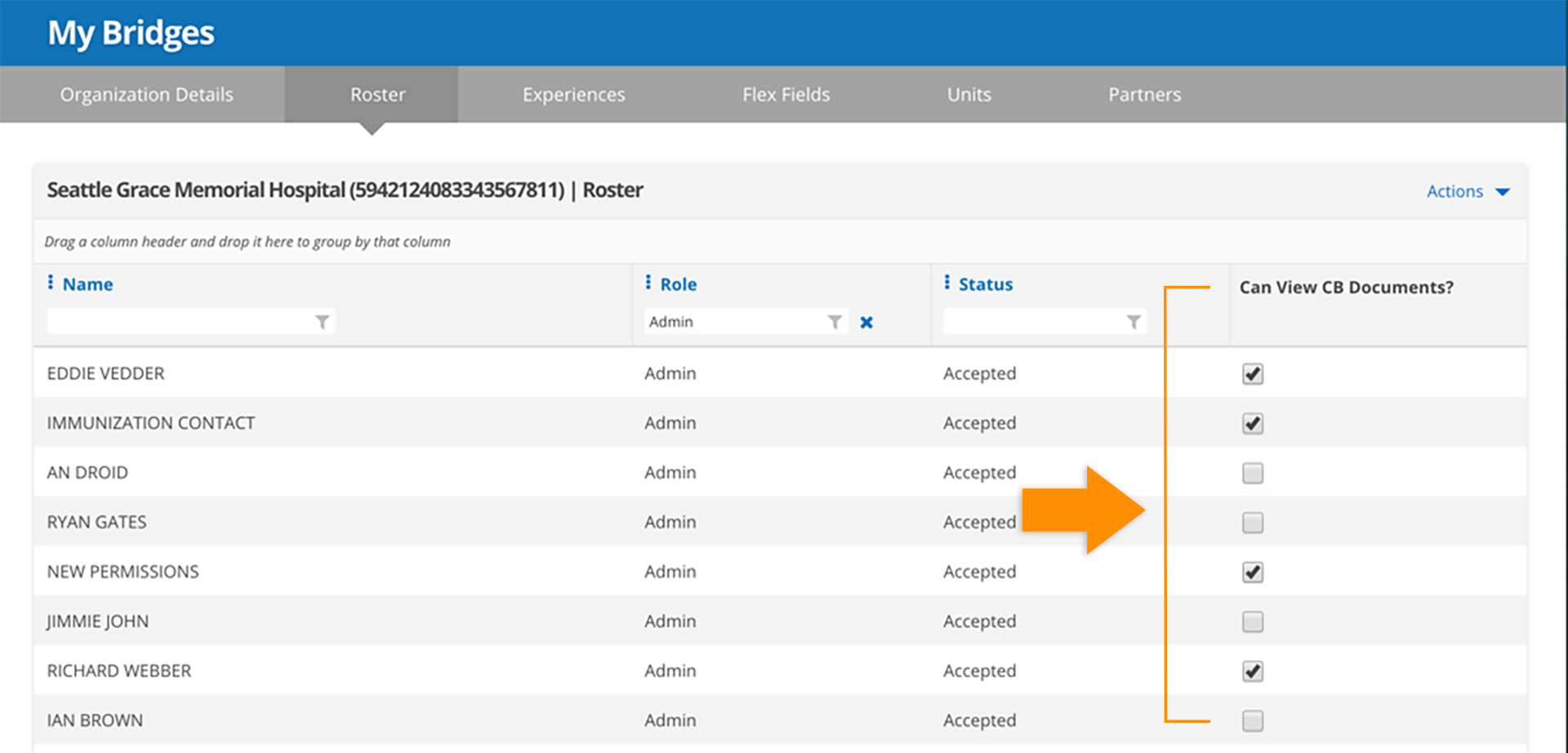 CB Bridges™ Pro Advantage Tracker: Restricted Access to Regulatory Documents—Step 1: Checkboxes can be toggled for each name in the roster to show whether or not the user needs access to view regulatory documents.