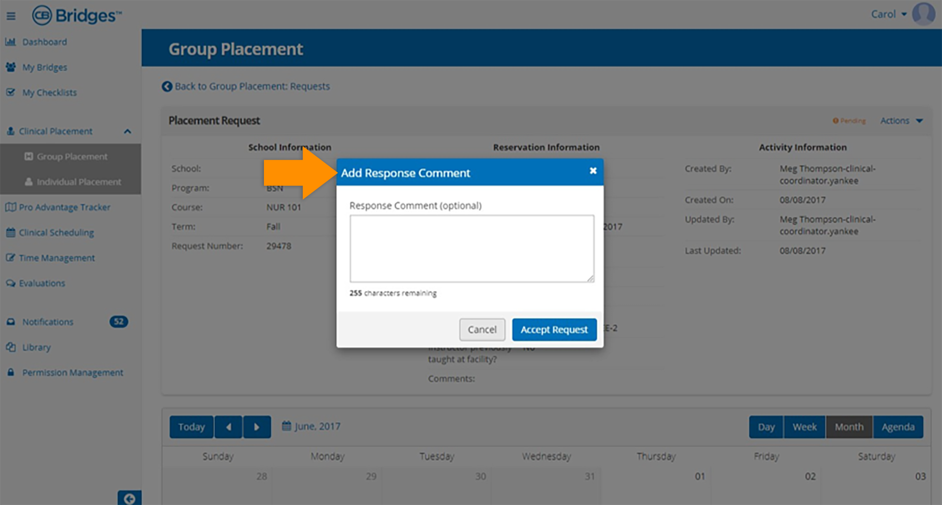 CB Bridges™ Clinical Placement Ability for Facilities to add a comment when accepting or declining a group placement request—Pop-up Window for Adding a Response Comment while accepting a request