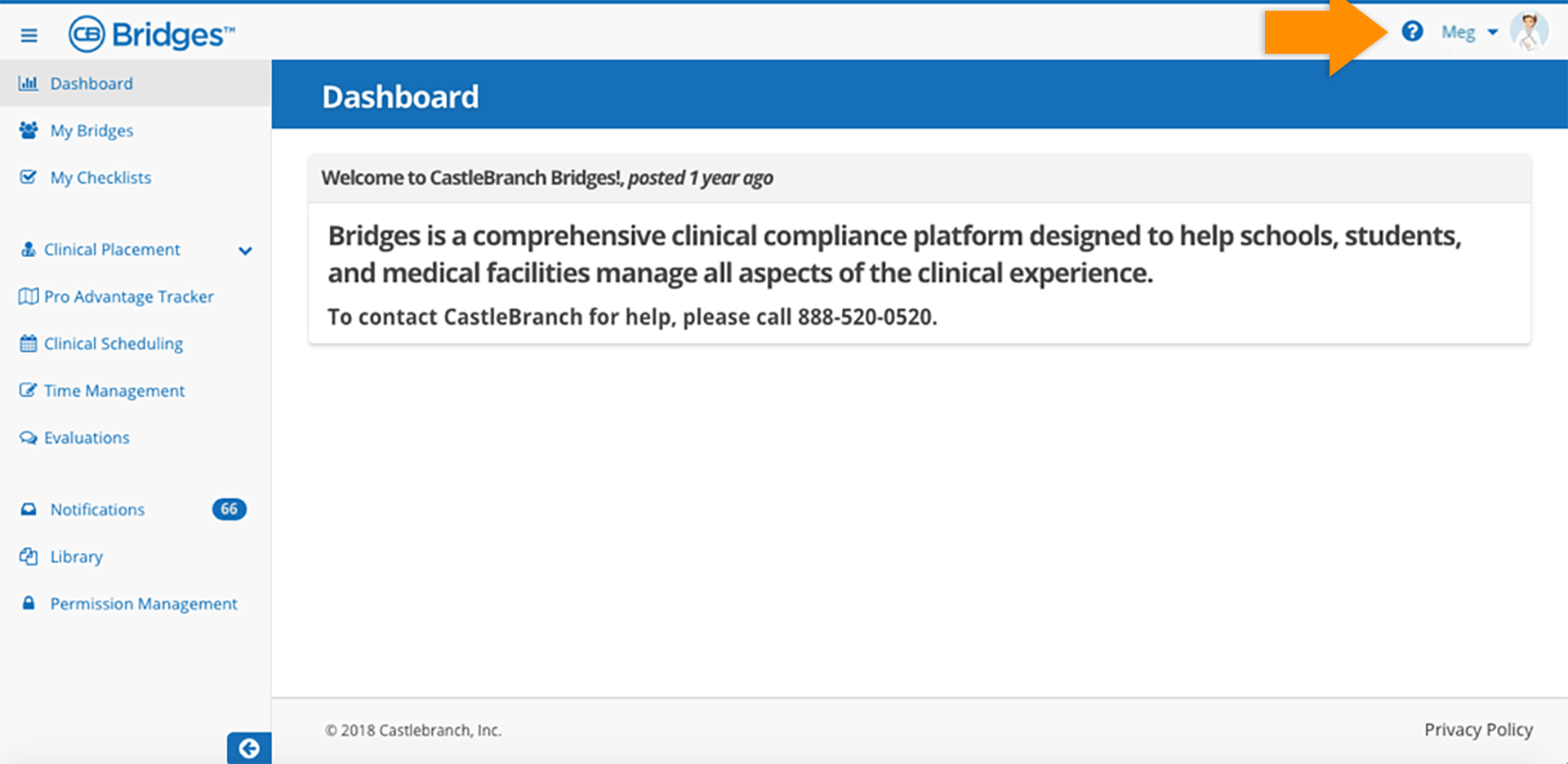 CB Bridges™ Clinical Placement In–Platform Support: CMS Update—Step 1: FAQs are now accessible via question mark icon on top right of interface.