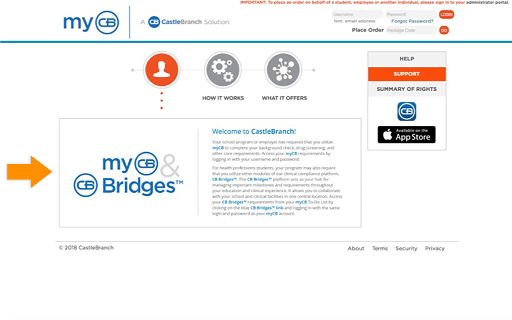 CB Bridges™ Clinical Placement myCB to CB Bridges™ Handoff: Navigation—Step 1: Login page of myCB has been updated to show relationship between myCB and CB Bridges™ with logo lockup and supporting text.