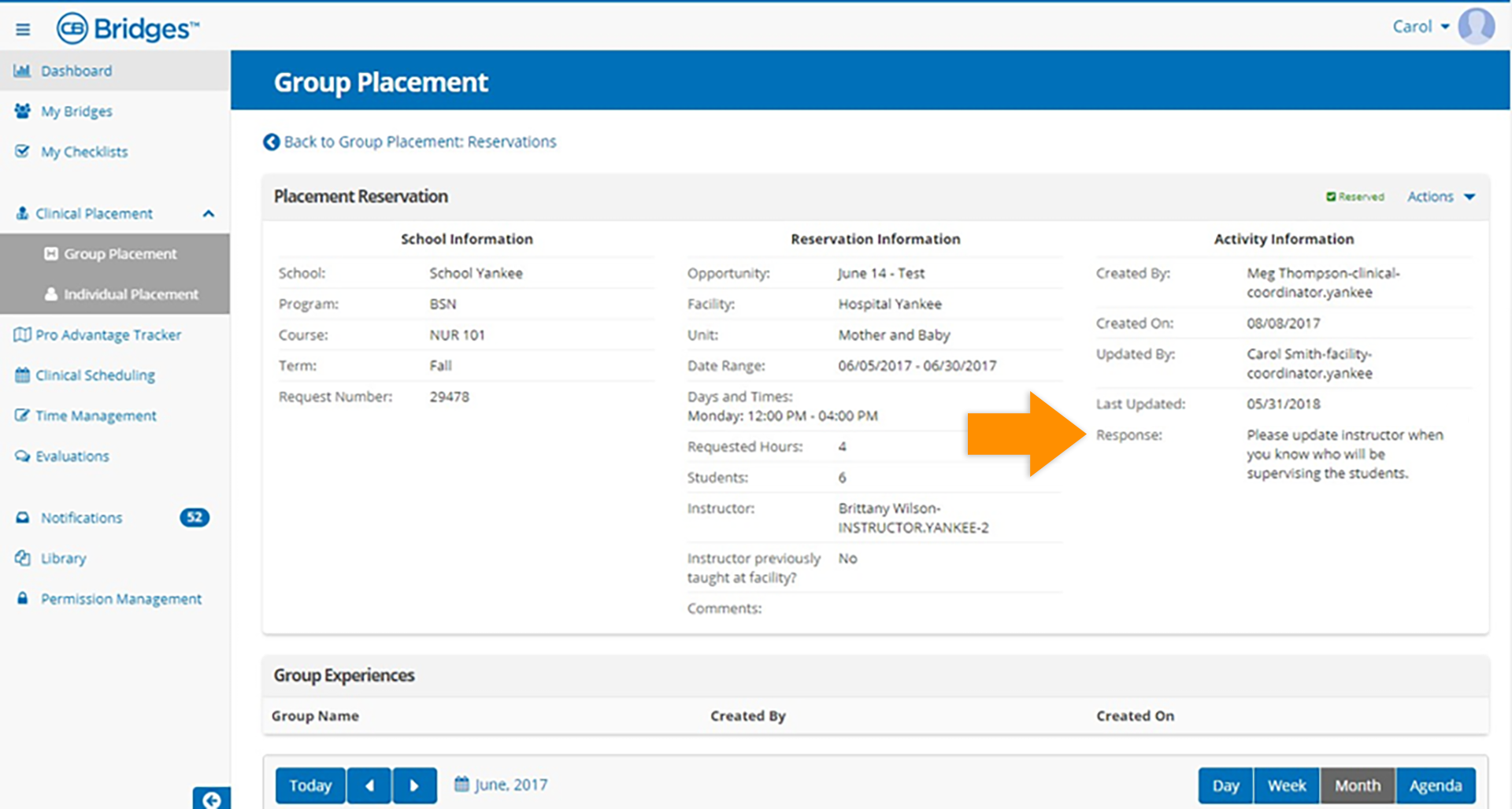 CB Bridges™ Clinical Placement Ability for Facilities to add a comment when accepting or declining a group placement request—Comment appears on the Placement Request or Placement Reservation Detail Page