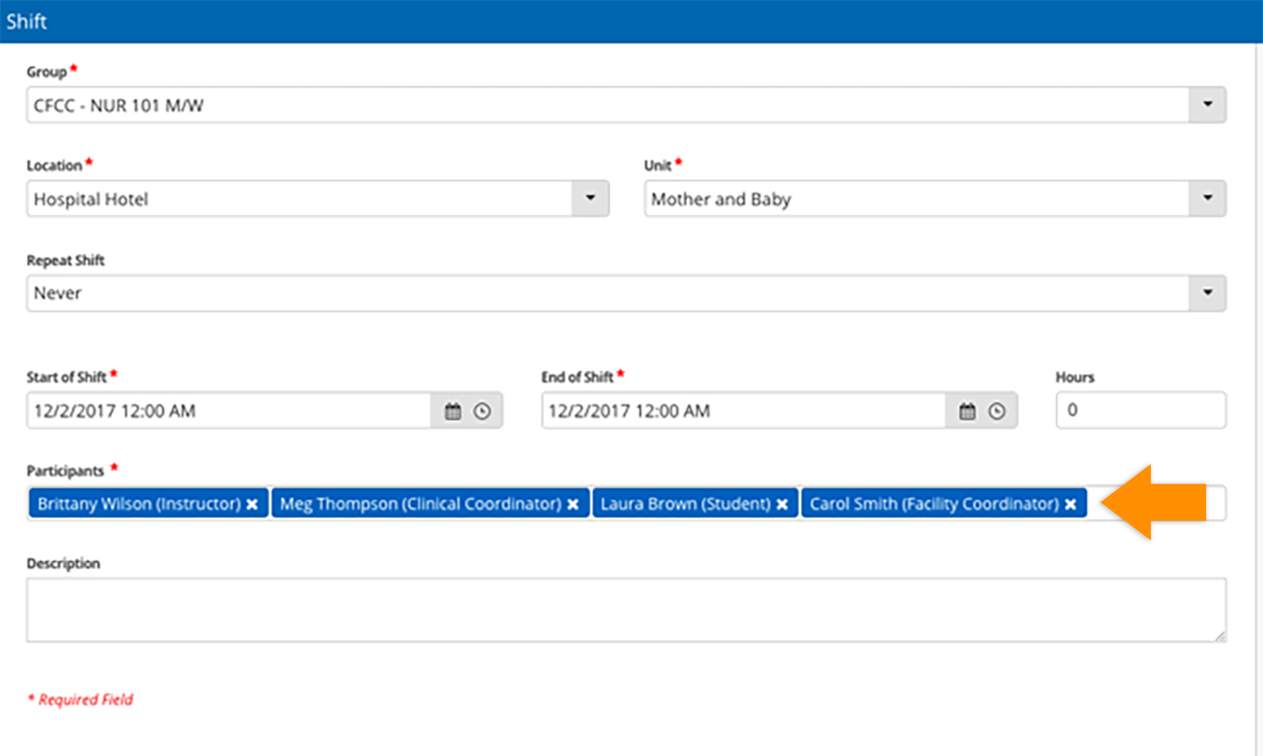 CB Bridges™ Scheduling: Display Accepted School–Led Group Placement Requests When Scheduling a Shift—Step 2: User's role is displayed in the participant's field during process of shift creation.