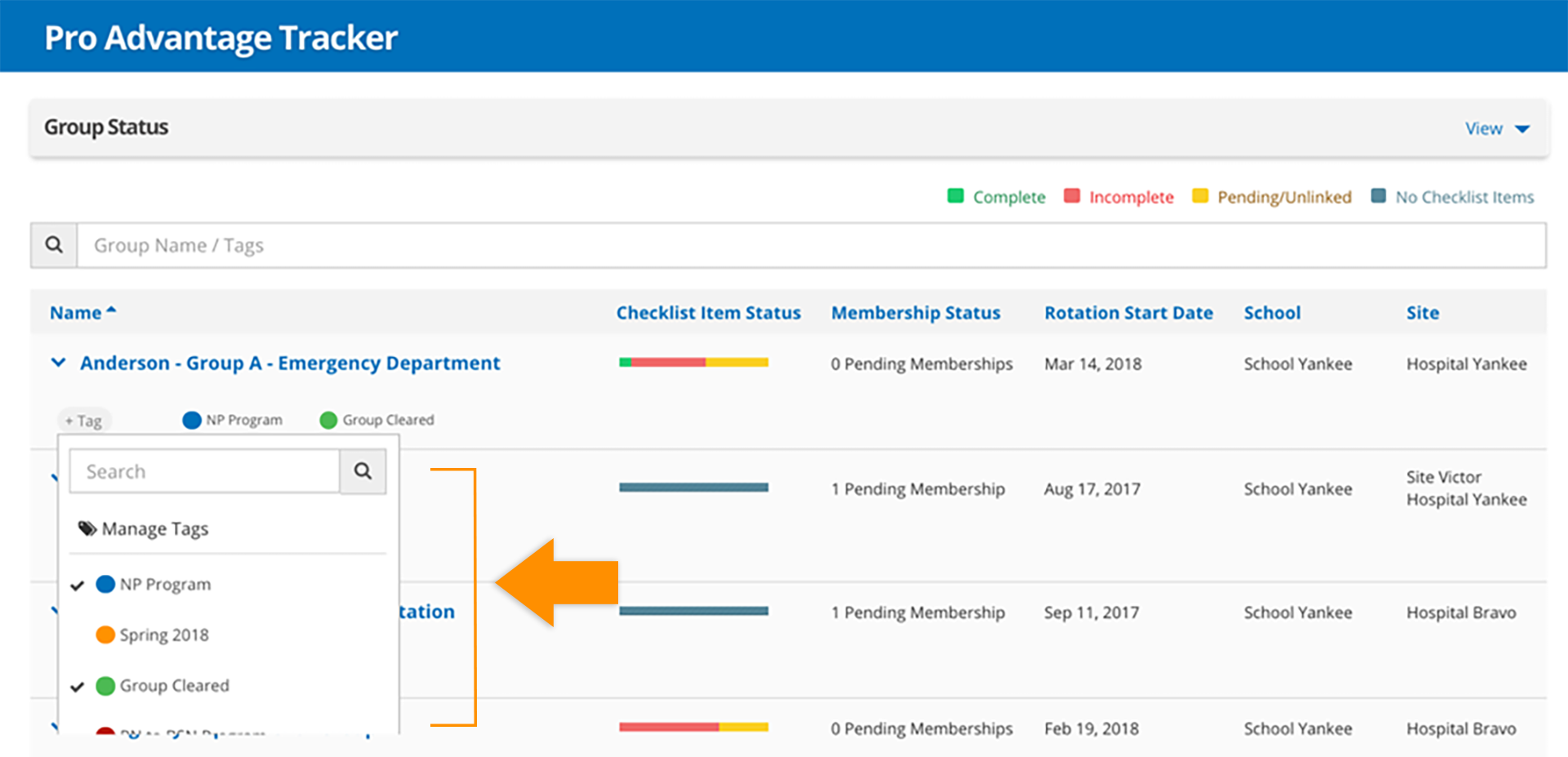 CB Bridges™ Pro Advantage Tracker: Personal Tagging—Step 2: The Add Tag icon is identified by the plus sign with Tag which allows the user to see a dropdown menu of all of the current tags.