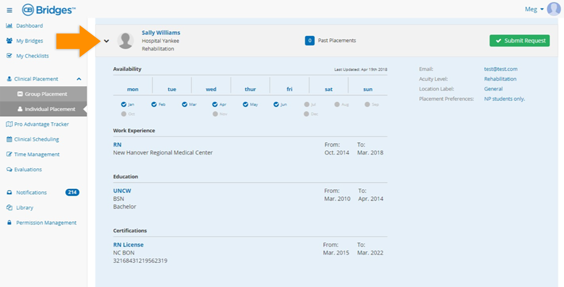 CB Bridges™ Clinical Placement Individual Placement—Step 2: Users can view details about the preceptor by clicking and expanding the preceptor's row.