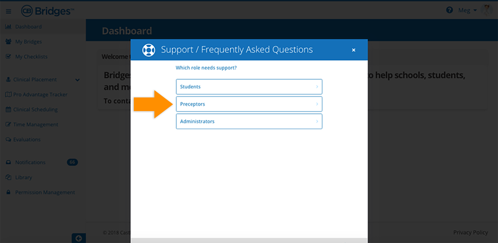 CB Bridges™ Clinical Placement In–Platform Support: CMS Update—Step 2: Roles presented in FAQs menu have been updated to include Preceptor–specific questions and answers.