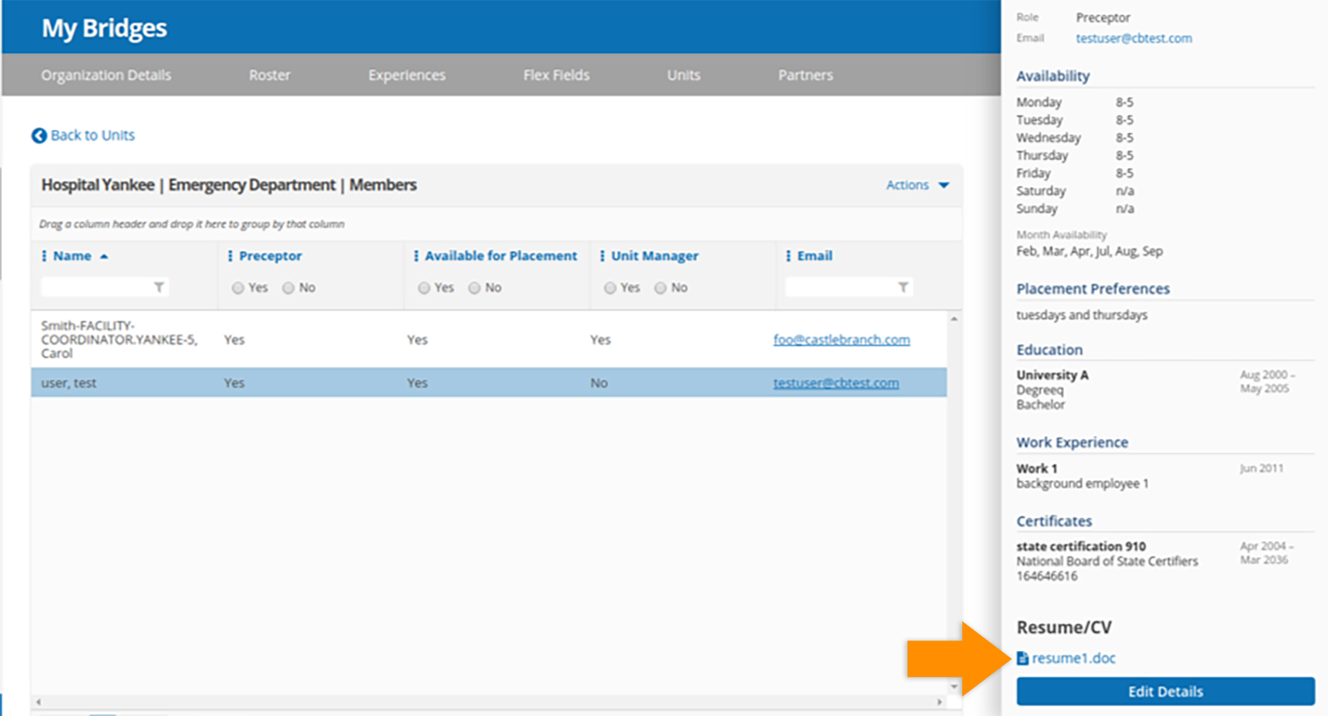 CB Bridges™ Clinical Placement Preceptor Unit Profile Resume Upload—Step 2: A Preceptor's resume can be downloaded from the side detail panel when a unit member is selected within a unit.