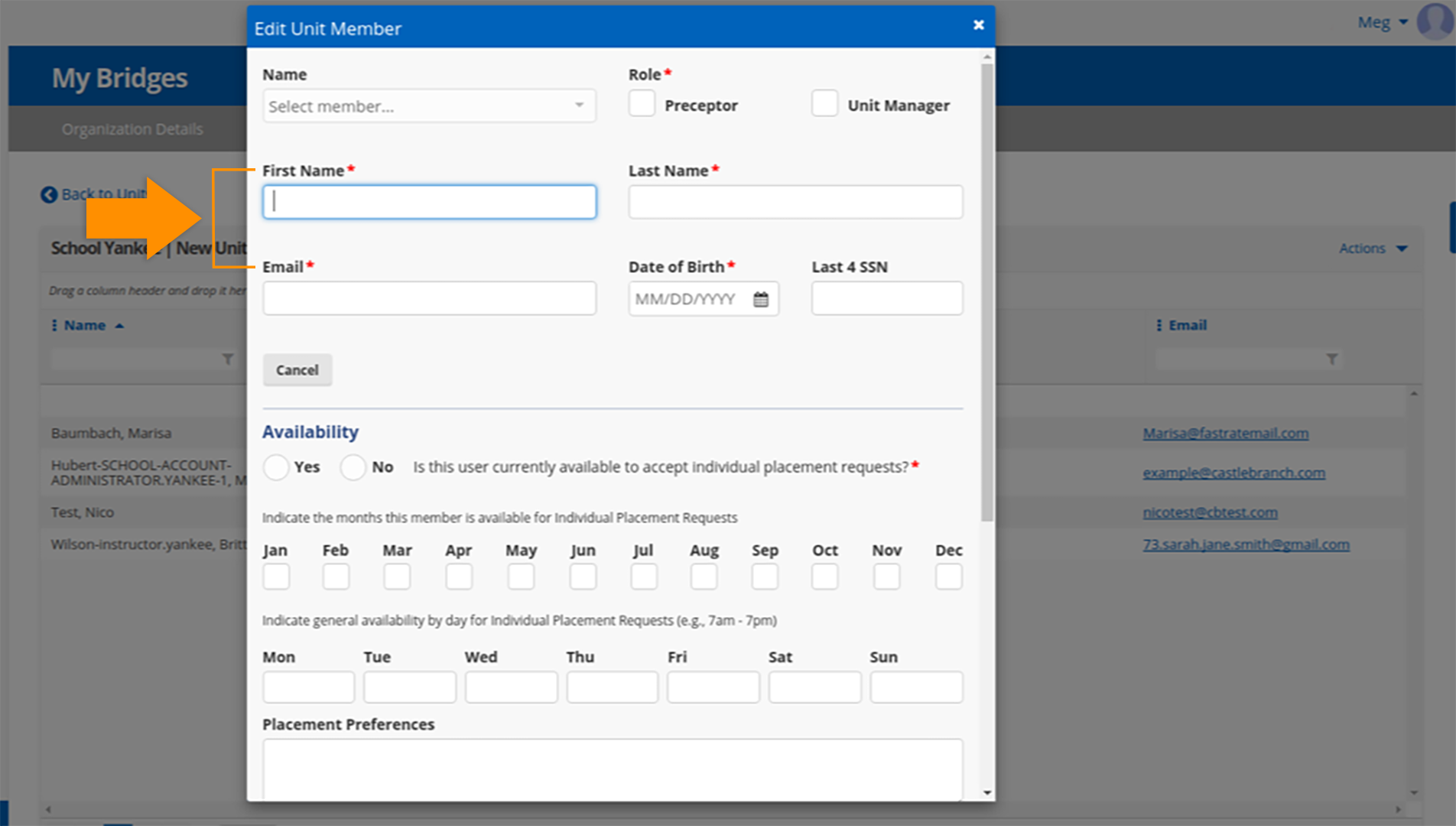 CB Bridges™ Clinical Placement Add Net New Unit Member—Step 2: Basic information fields like name, email, and date of birth are required initially and then the user can select the "Add New Member" button to add the individual to the unit.