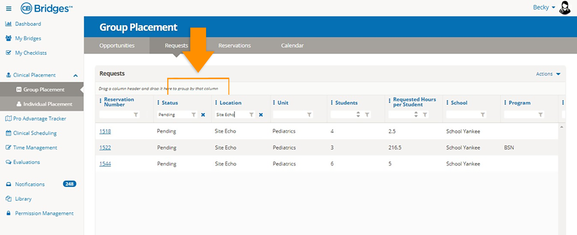 CB Bridges™ Clinical Placement Saved Filters for Facility-led Group Placement —Step 2 Status Filters for requests and reservation grids