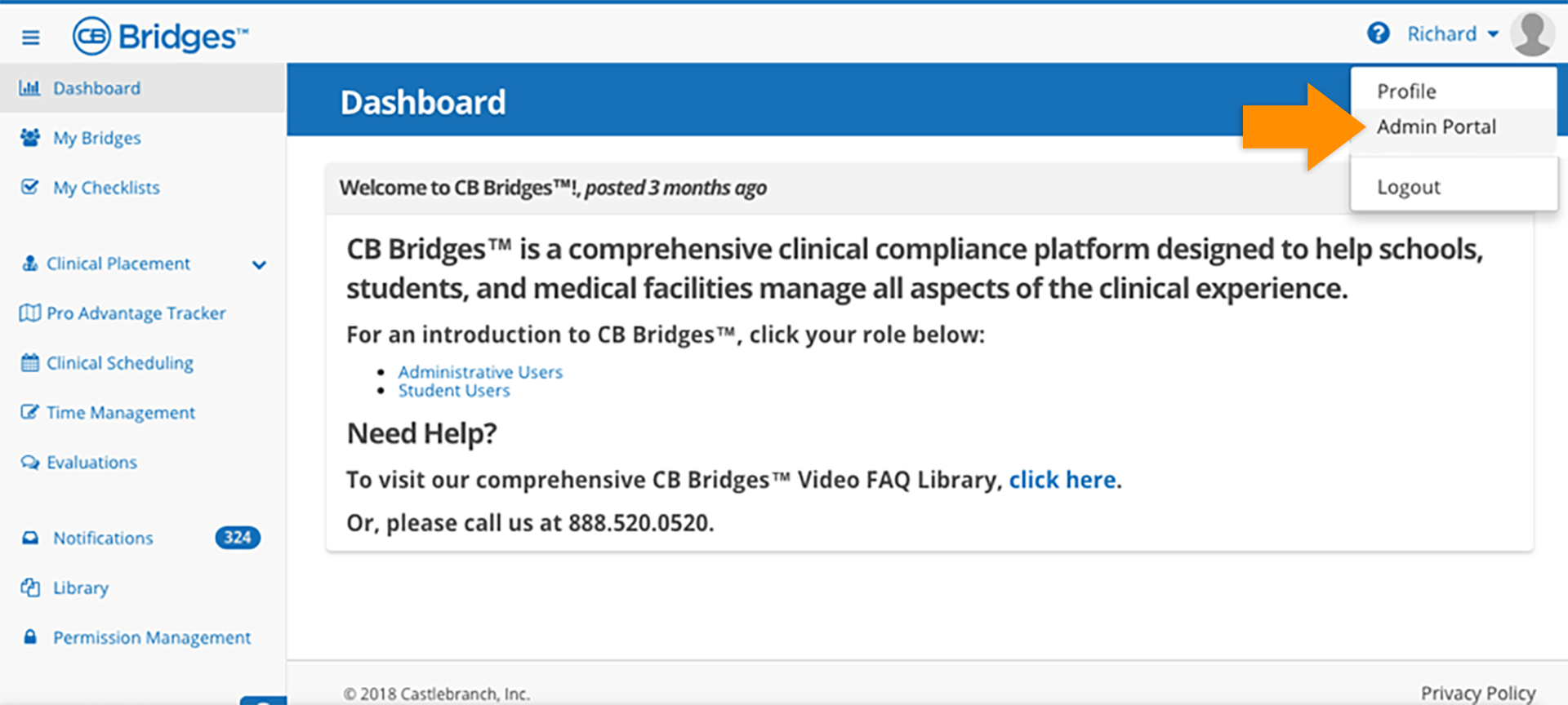 CB Bridges™ Clinical Placement myCB and AP to CB Bridges™ Single Sign On—Step 3: To navigate back to the Administrator Portal from CB Bridges™, users select their name in the top right corner and then select the Admin Portal button from dropdown menu.