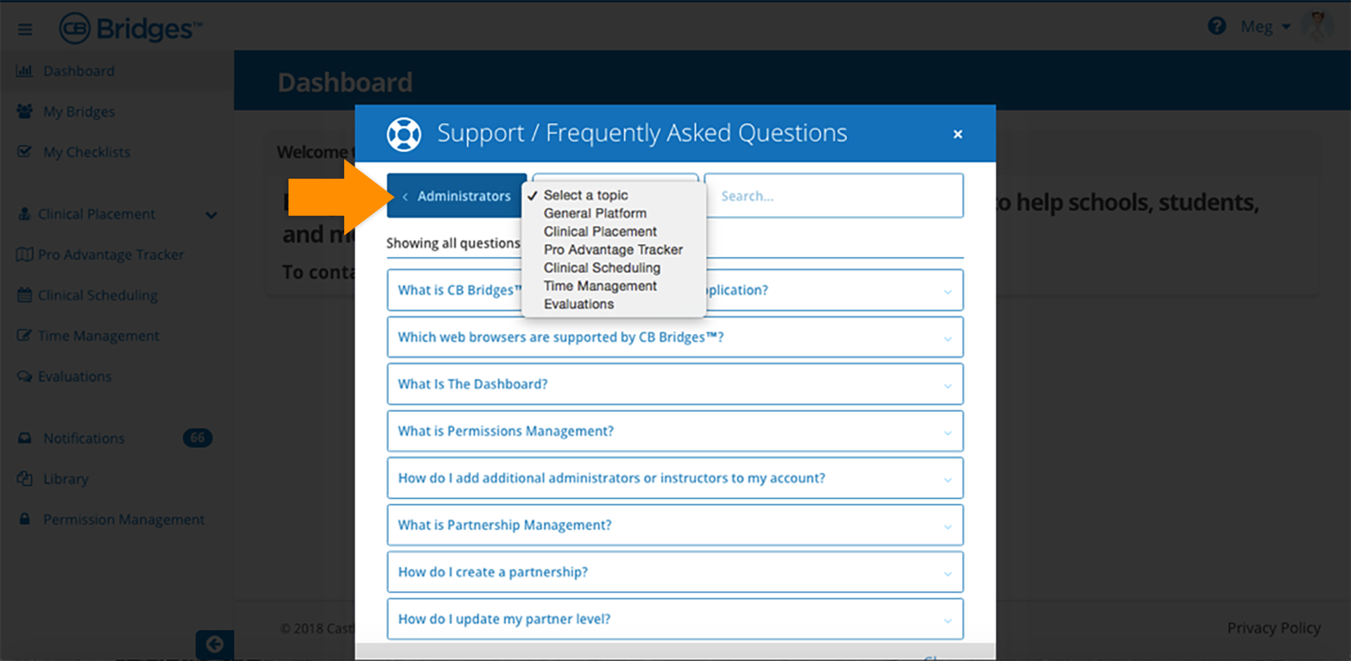 CB Bridges™ Clinical Placement In–Platform Support: CMS Update—Step 3: FAQs can be sorted by module and searched by keyword.