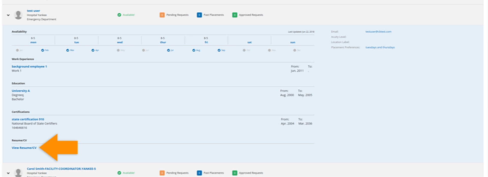 CB Bridges™ Clinical Placement Preceptor Unit Profile Resume Upload—Step 3: Preceptor's resume can be downloaded from within the Individual Placement Preceptor Grid.