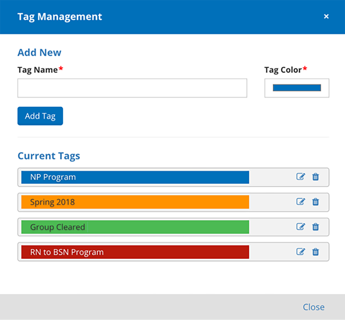 CB Bridges™ Pro Advantage Tracker: Personal Tagging—Step 3: To add a new tag, select Manage Tags and the Tag management window displays with a tag name field and choice to select color of tag.