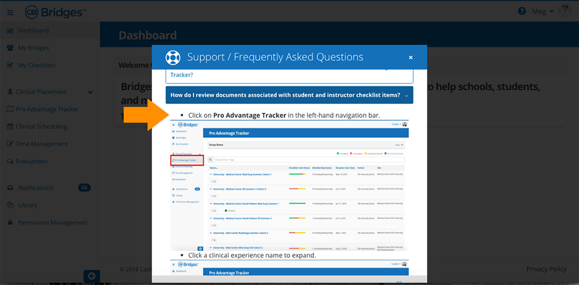 CB Bridges™ Clinical Placement In–Platform Support: CMS Update—Step 4: FAQs now include annotated screenshots of more direction and context for users.