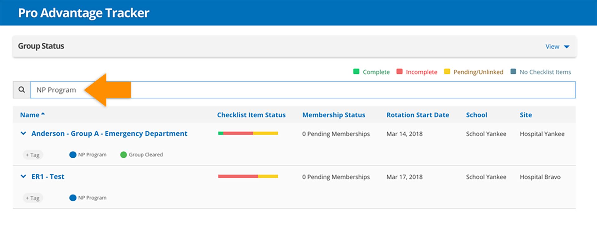 CB Bridges™ Pro Advantage Tracker: Personal Tagging—Step 4: A tag can be searched from the Pro Advantage Tracker Group Status page by typing a name in the search bar.