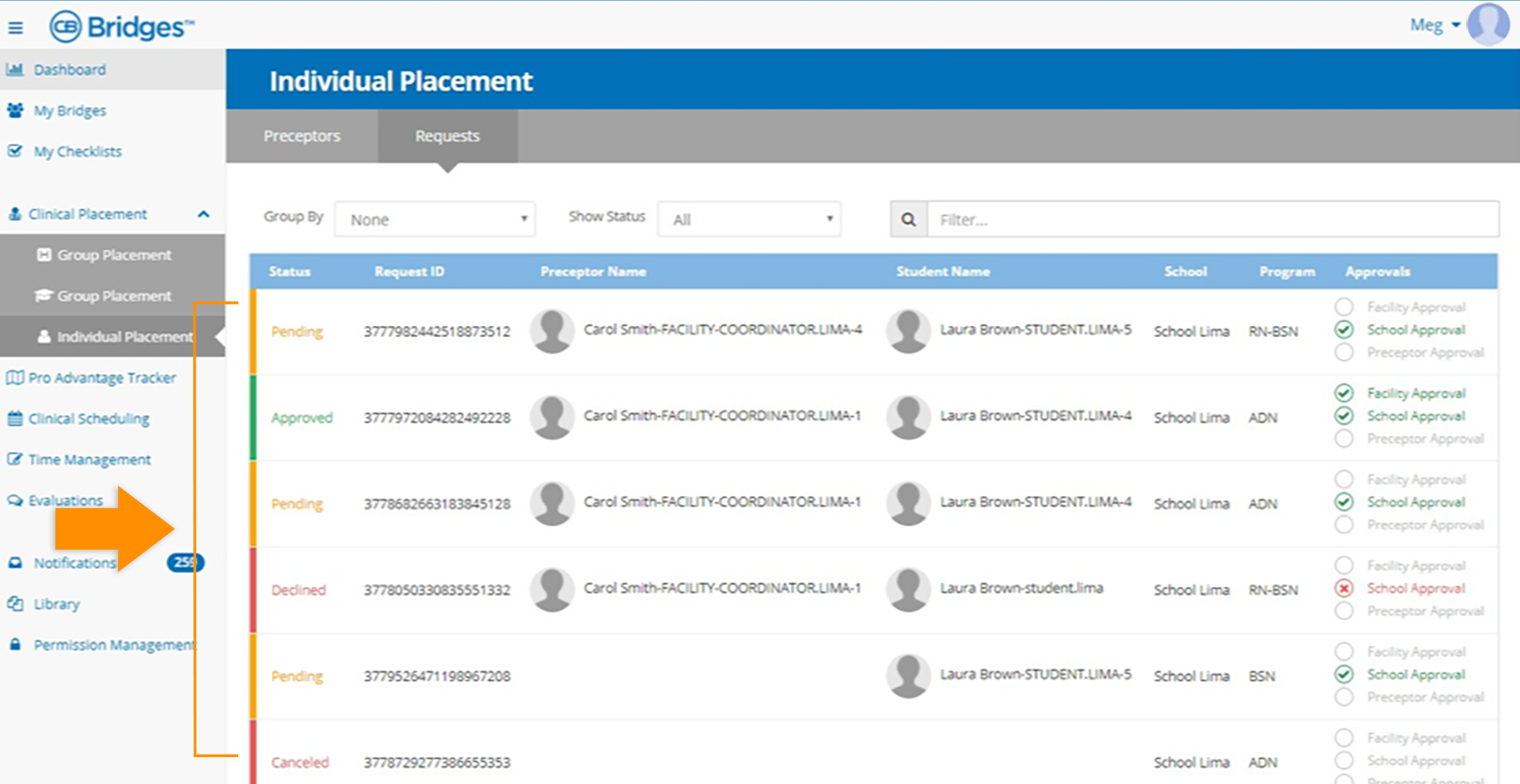 CB Bridges™ Clinical Placement Individual Placement—Step 4: Users can view a list of their requests in a grid.