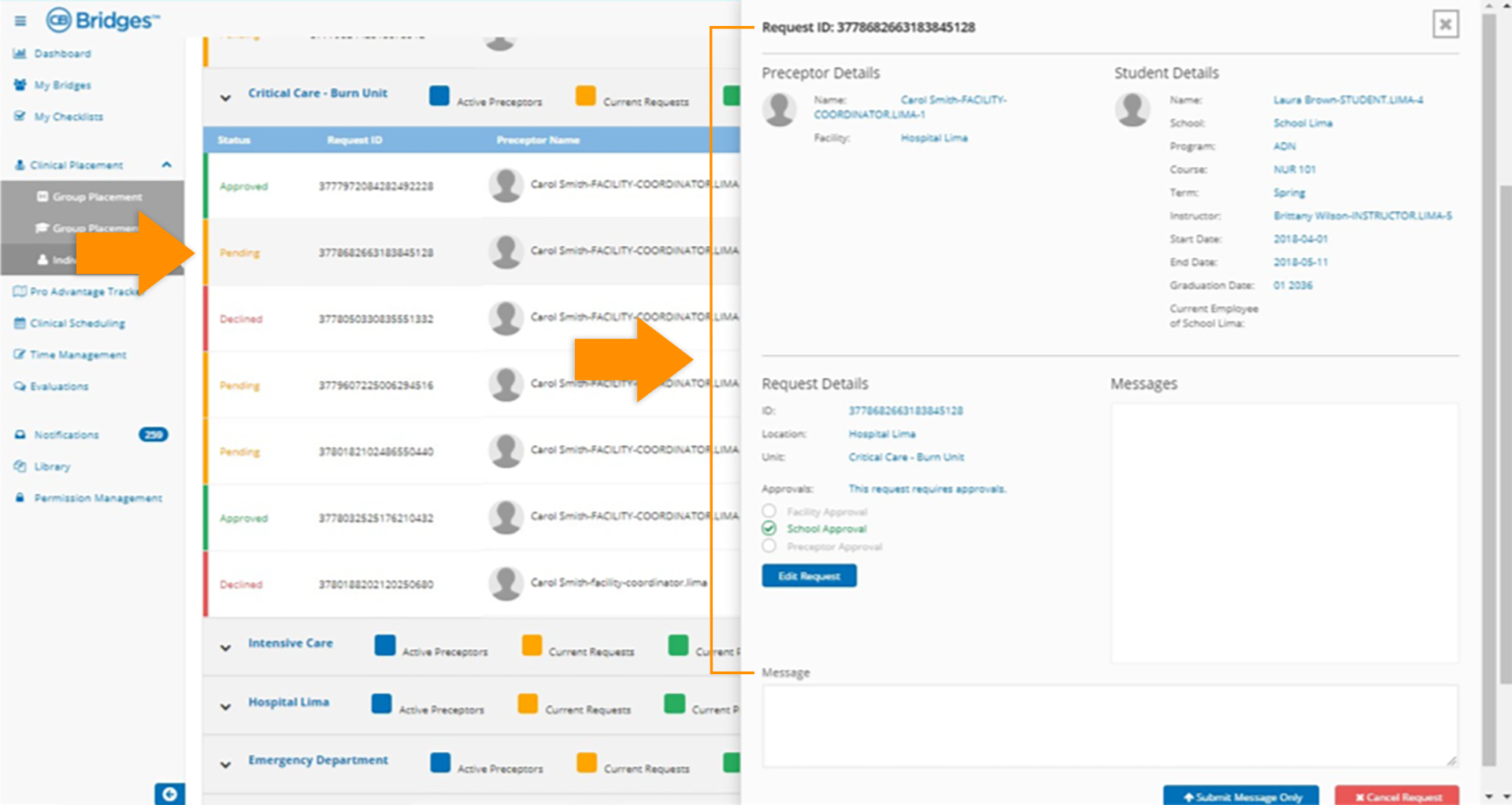 CB Bridges™ Clinical Placement Individual Placement—Step 5: Users can select a row and a side panel will display the details of the request allowing users to take action.