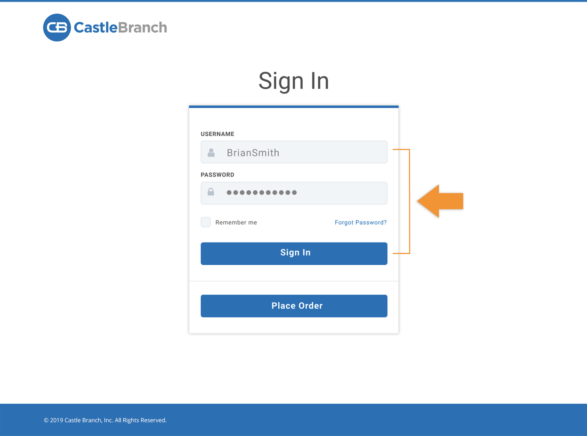 CastleBranch Simple Sign in Process–Sign In window prompting username and password fields with sign in button or place order button.