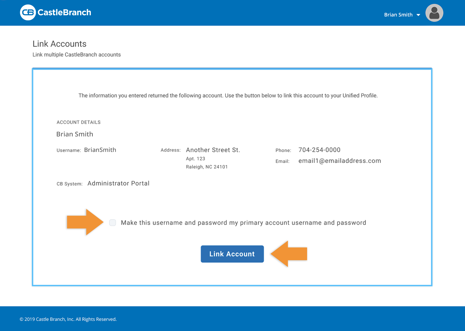 CastleBranch Simple Sign in Process–Link Existing CastleBranch Accounts: Link Accounts checkbox to make selected username as the primary sign-in credentials.