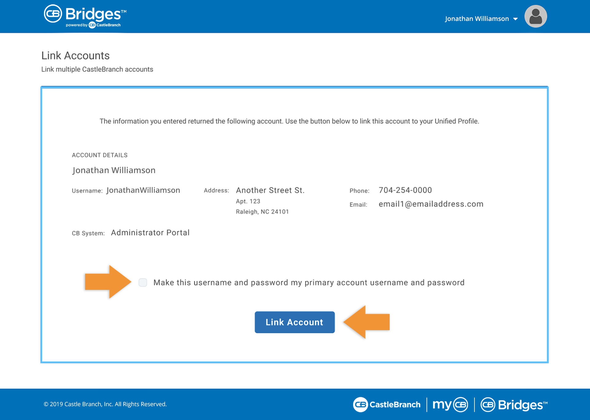 CastleBranch Simple Sign in Process–Link Existing CastleBranch Accounts: Link Accounts checkbox to make selected username as the primary sign-in credentials.