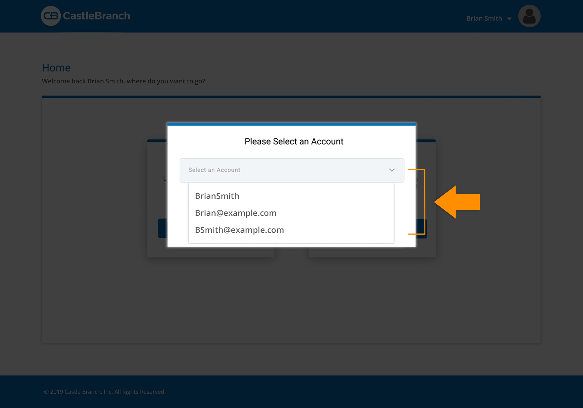 CastleBranch Simple Sign in Process–Navigating Your Accounts: Pop-up window prompting to select an account.